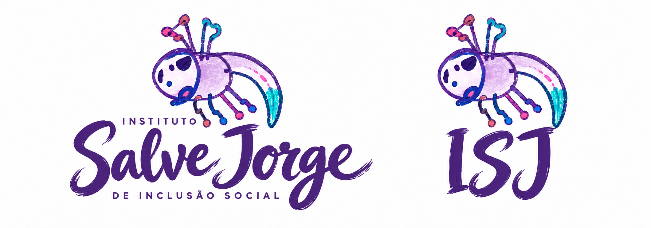 Ajolote dibujado en morado y azul, con detalles de colores. Las versiones con el nombre completo y las siglas ISJ aparecen una al lado de la otra y forman parte de la misma opción.